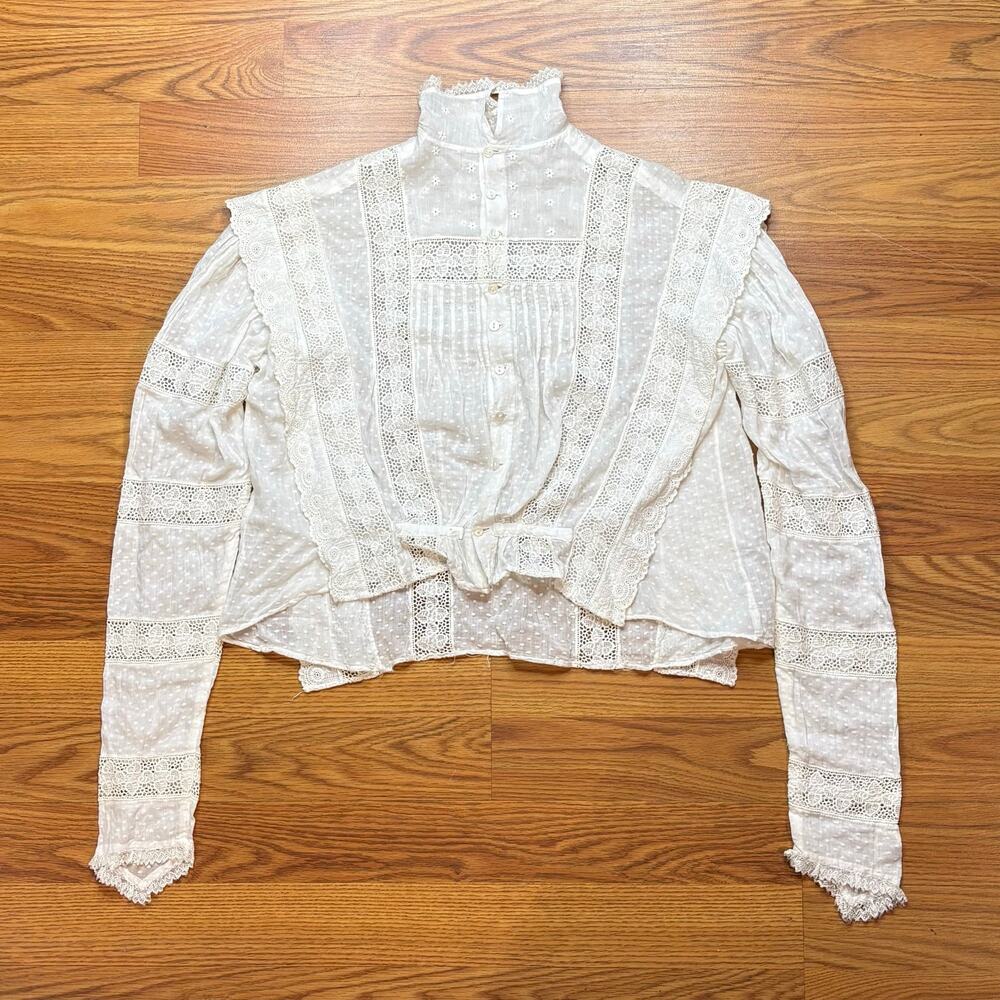 Antique Victorian Blouse White Lace Edwardian Puff Sleeve Cropped S Swiss Dot